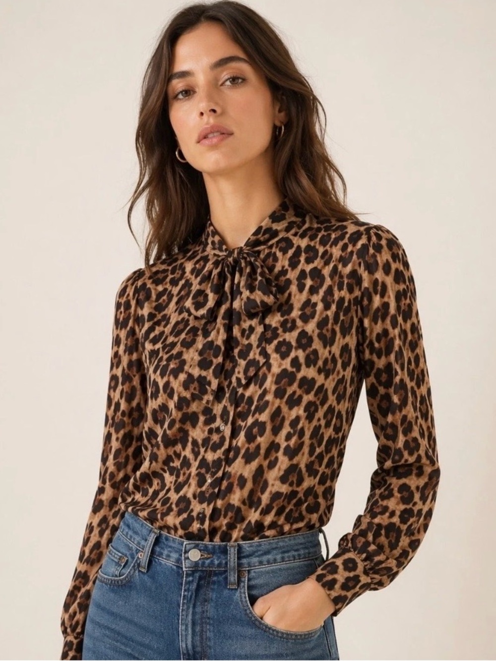 Reformation Marcy Leopard Print Top Tie Neck Blouse Brown Long Sleeve